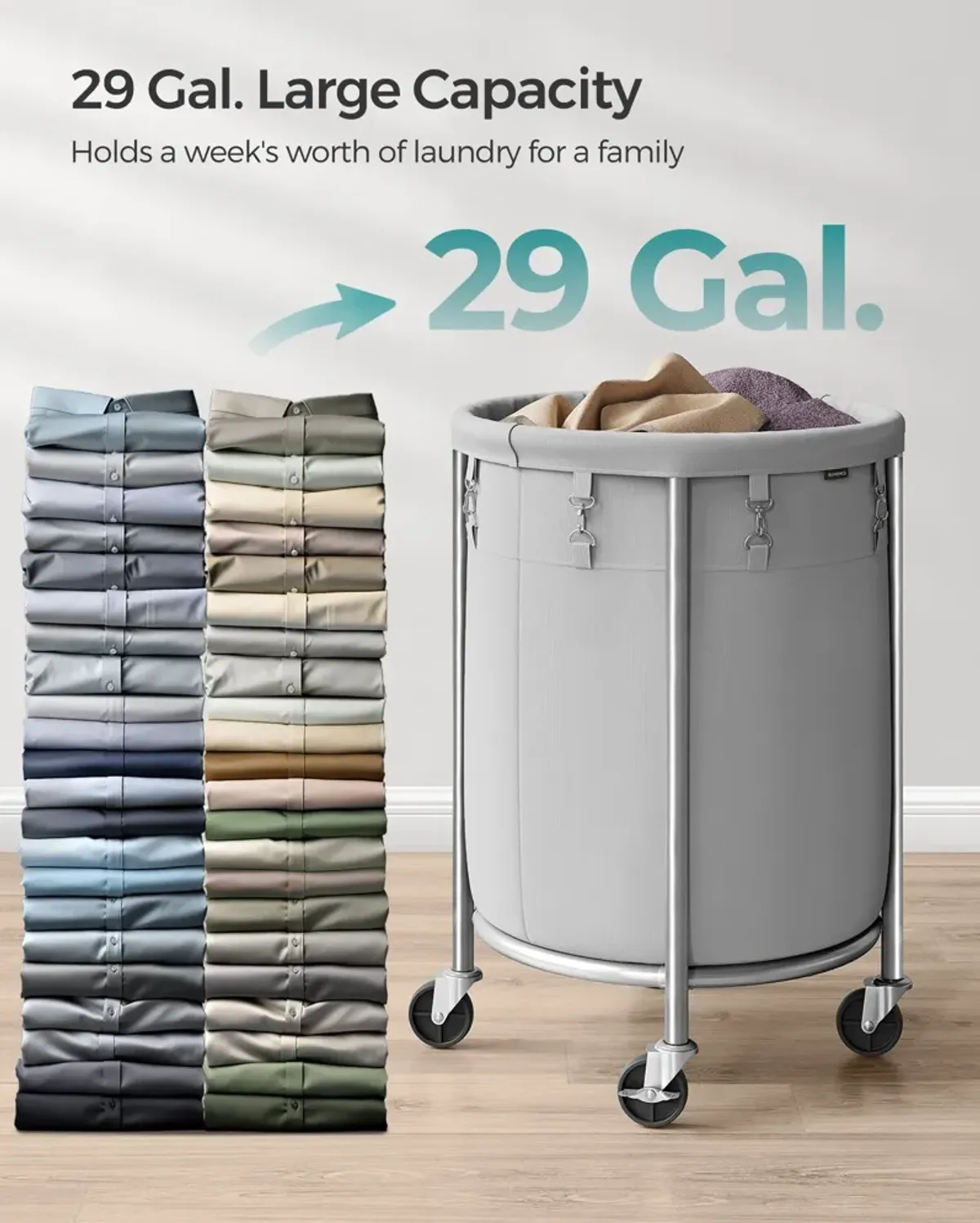 Laundry Basket with Wheels and Removable Bag, Steel Frame, 4 Casters and 2 Brakes