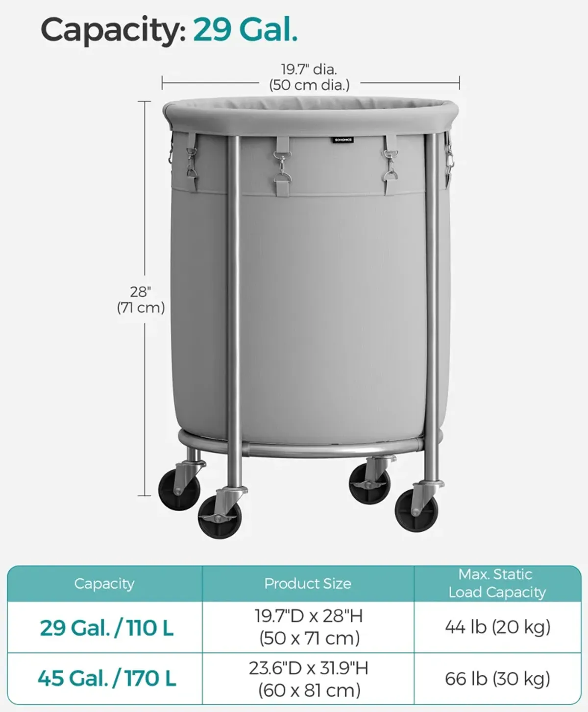 Laundry Basket with Wheels and Removable Bag, Steel Frame, 4 Casters and 2 Brakes