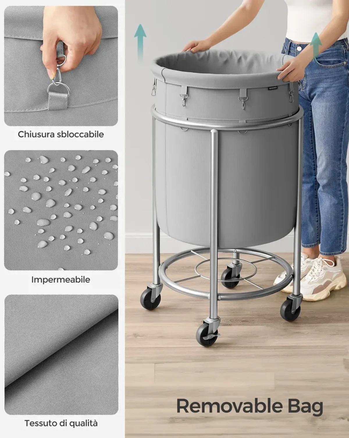 Laundry Basket with Wheels and Removable Bag, Steel Frame, 4 Casters and 2 Brakes