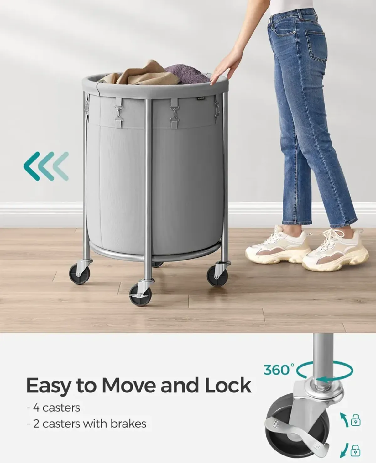 Laundry Basket with Wheels and Removable Bag, Steel Frame, 4 Casters and 2 Brakes