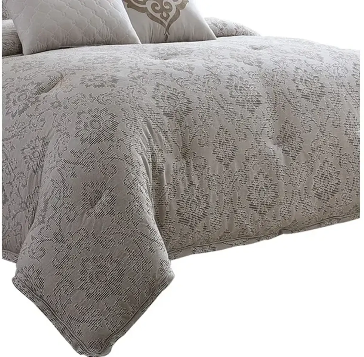 9 Piece Queen Cotton Comforter Set with Textured Floral Print, Gray - Benzara