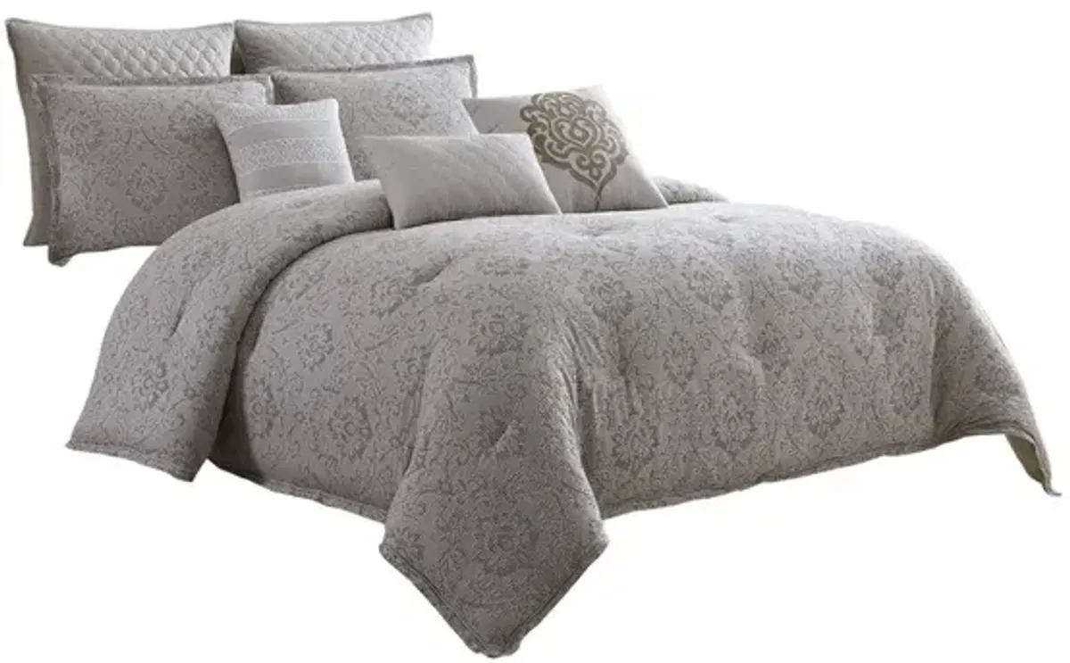 9 Piece Queen Cotton Comforter Set with Textured Floral Print, Gray - Benzara