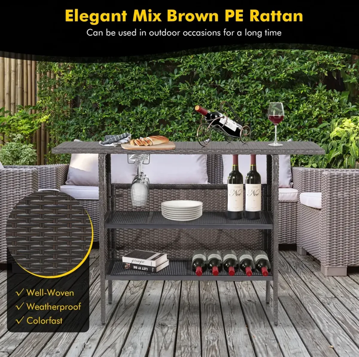 Outdoor Wicker Bar Table with 2 Metal Mesh Shelves