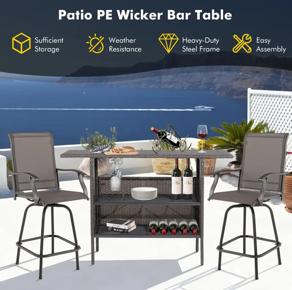 Outdoor Wicker Bar Table with 2 Metal Mesh Shelves