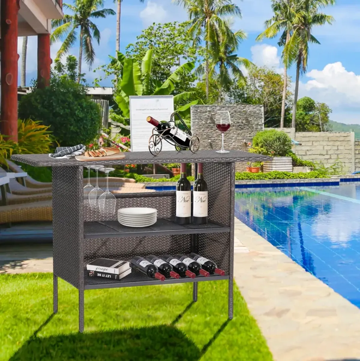 Outdoor Wicker Bar Table with 2 Metal Mesh Shelves