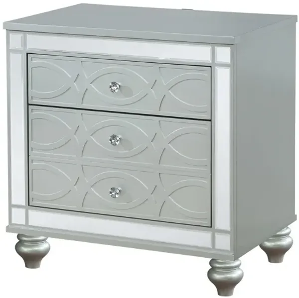 Gina 29 Inch Modern Glam Nightstand, Round Crystal Knobs, USB Ports, Silver-Benzara