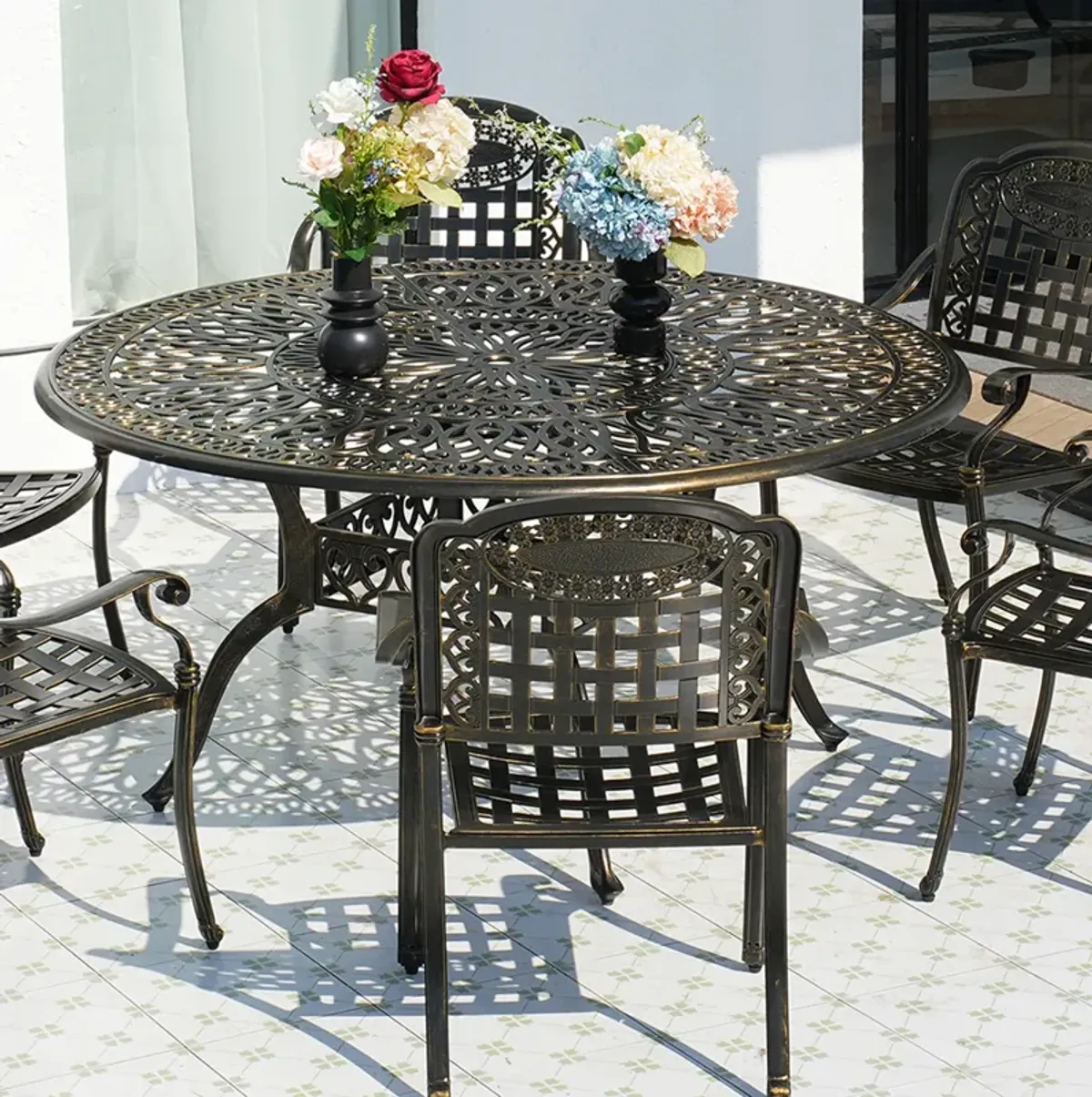 MONDAWE 59. in Cast Aluminum Patio Round Dining Table with Umbrella Hole in Antique Bronze