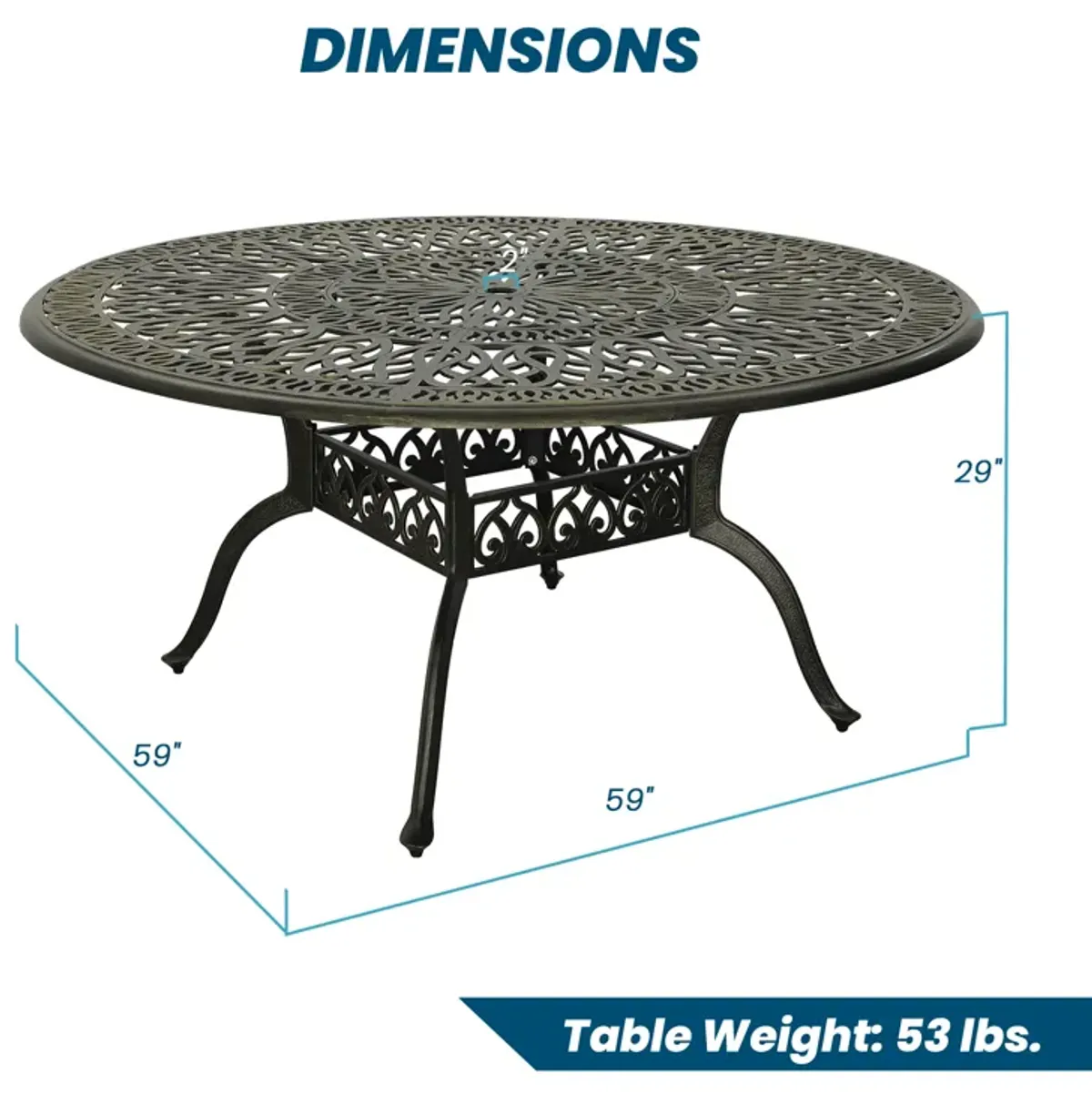 MONDAWE 59. in Cast Aluminum Patio Round Dining Table with Umbrella Hole in Antique Bronze