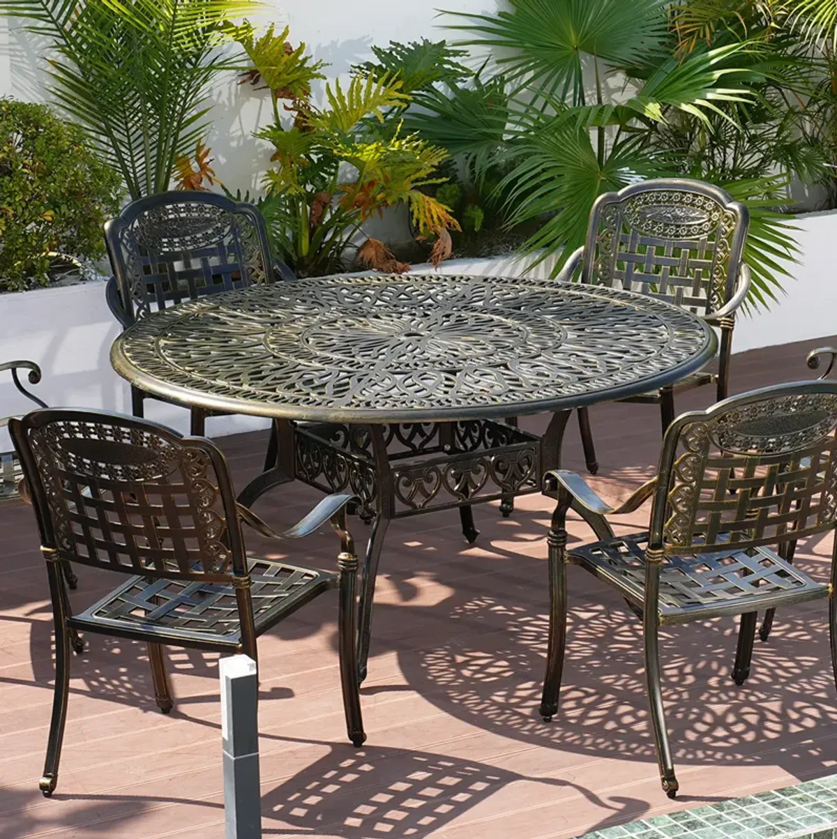 MONDAWE 59. in Cast Aluminum Patio Round Dining Table with Umbrella Hole in Antique Bronze