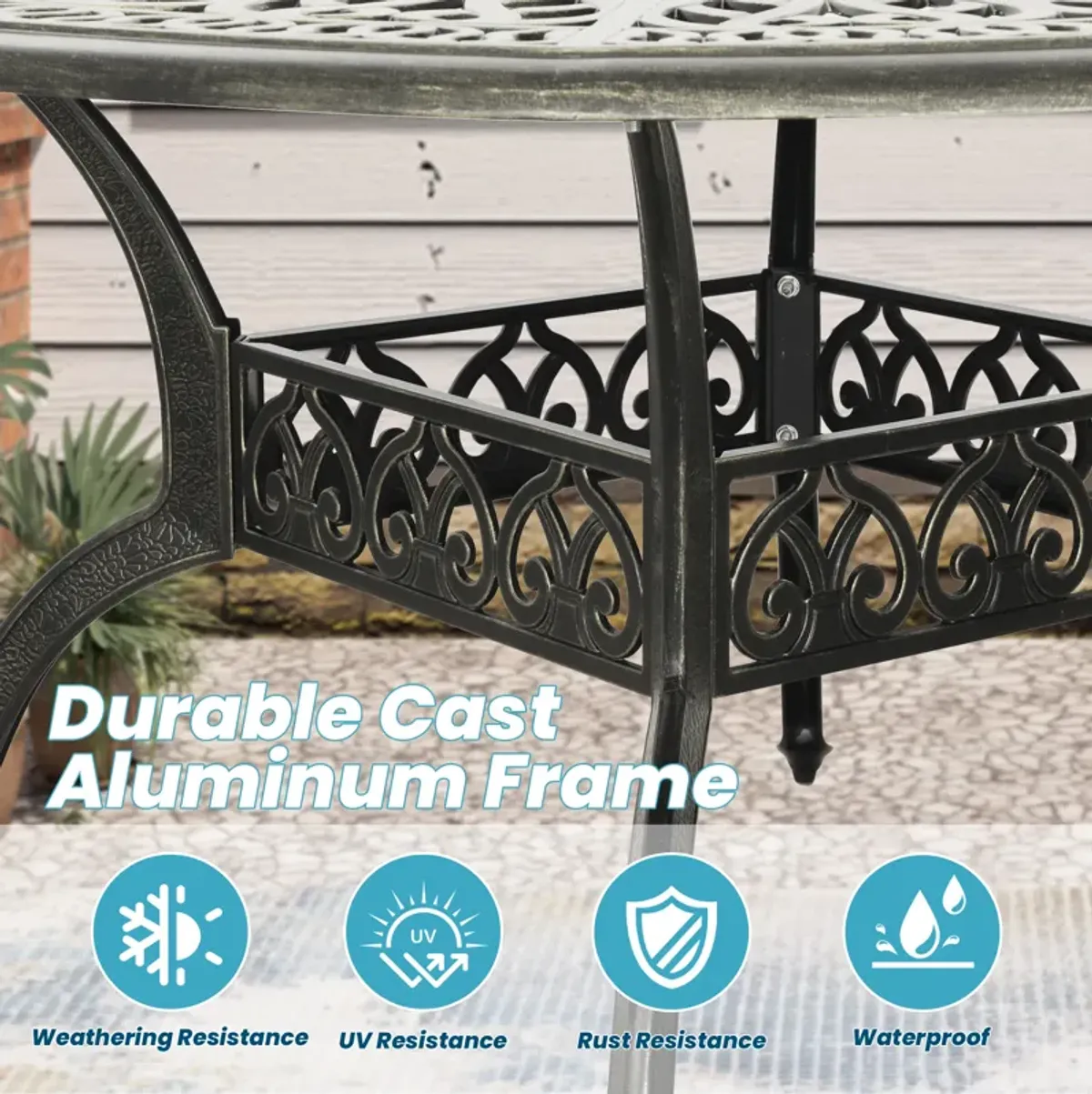 MONDAWE 59. in Cast Aluminum Patio Round Dining Table with Umbrella Hole in Antique Bronze