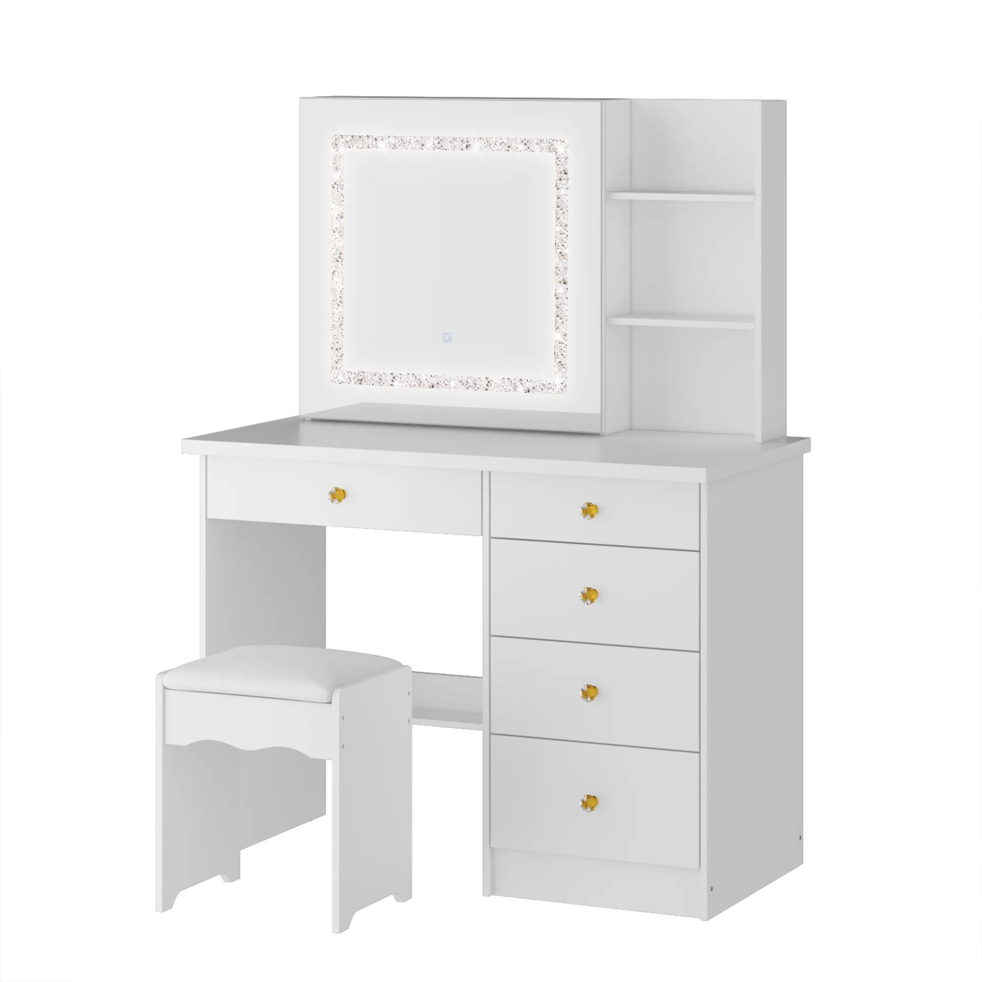 5-Drawers White Wood LED Push-Pull Mirror Makeup Vanity Sets Dressing Table Sets with Stool and Light Strip with Crystal