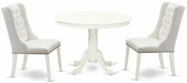 East West Furniture HLFO3-LWH-44 3-Pc Kitchen Table Set Includes 1 Pedestal Kitchen Table and 2 Light Grey Linen Fabric Parson Chairs with Button Tufted Back - Linen White Finish
