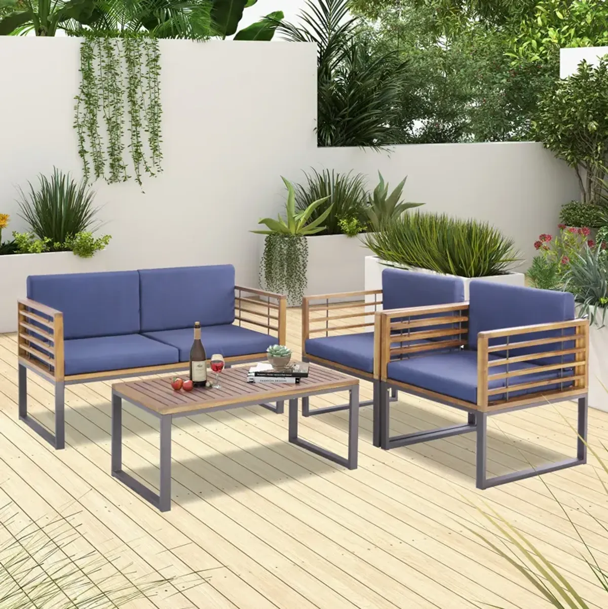 4 Piece Patio Acacia Wood Conversation Set with Soft Seat-Navy