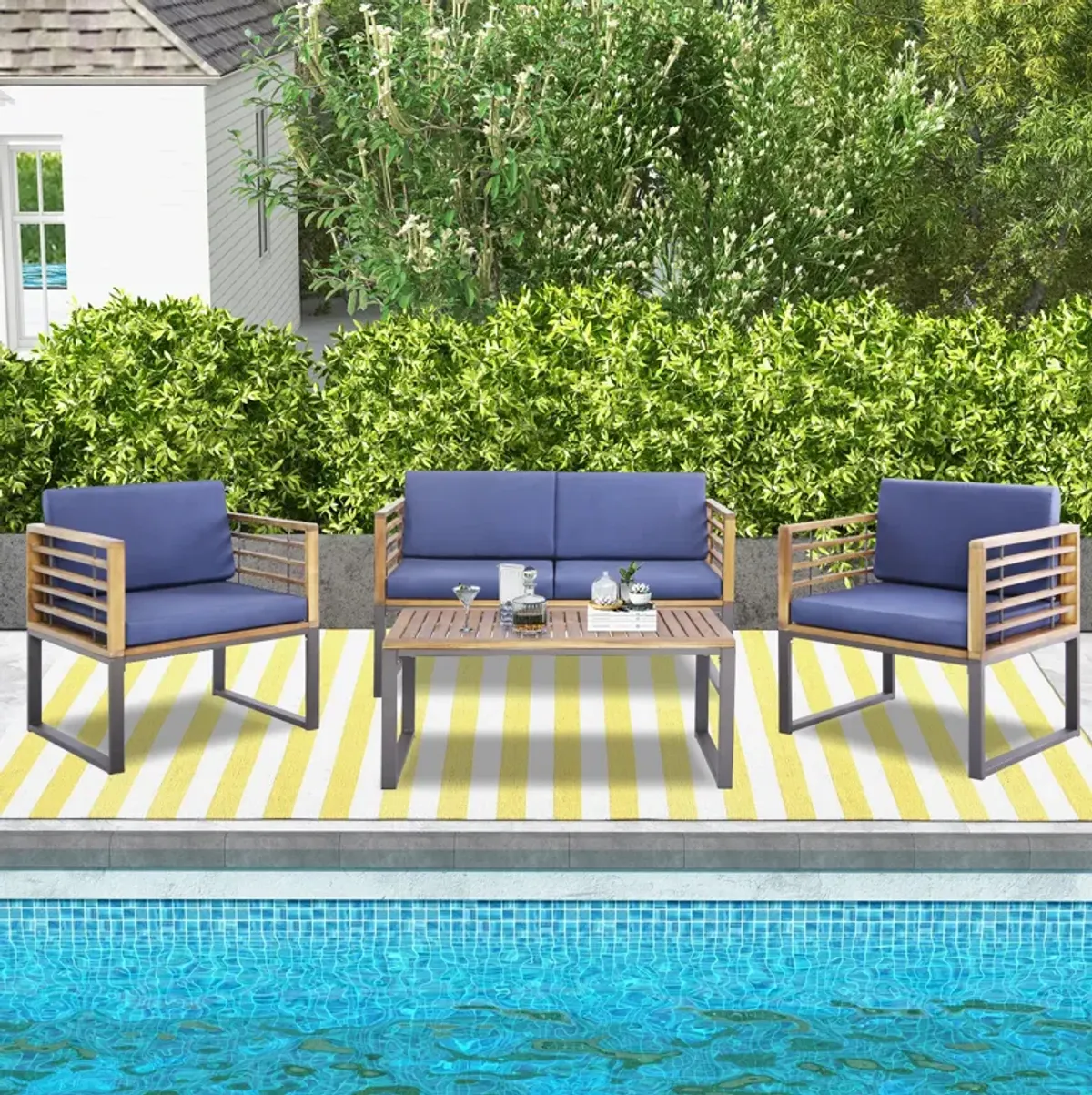 4 Piece Patio Acacia Wood Conversation Set with Soft Seat-Navy