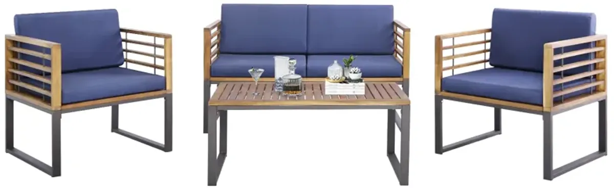 4 Piece Patio Acacia Wood Conversation Set with Soft Seat-Navy