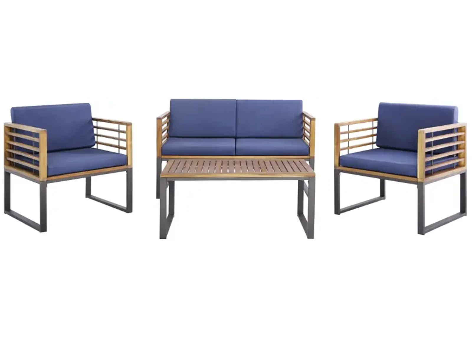 4 Piece Patio Acacia Wood Conversation Set with Soft Seat-Navy