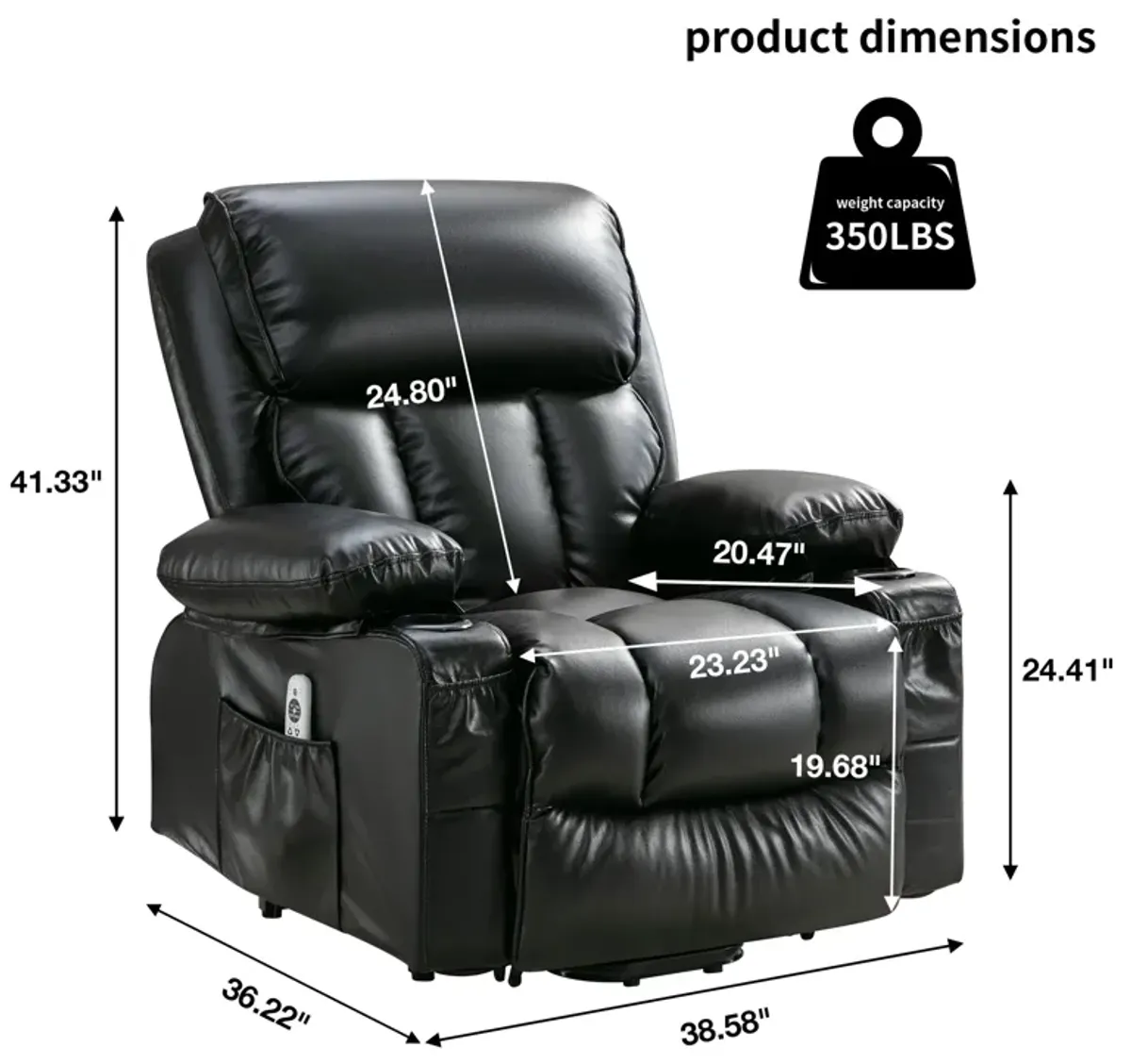 38.58 in. W Leather Recliner with Remote Control, Tufted and Storage