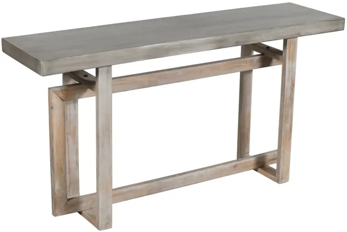 59 Inch Artisan Sideboard Console Table with Geometric Interlocked Base, Distressed Matte Gray-Benzara