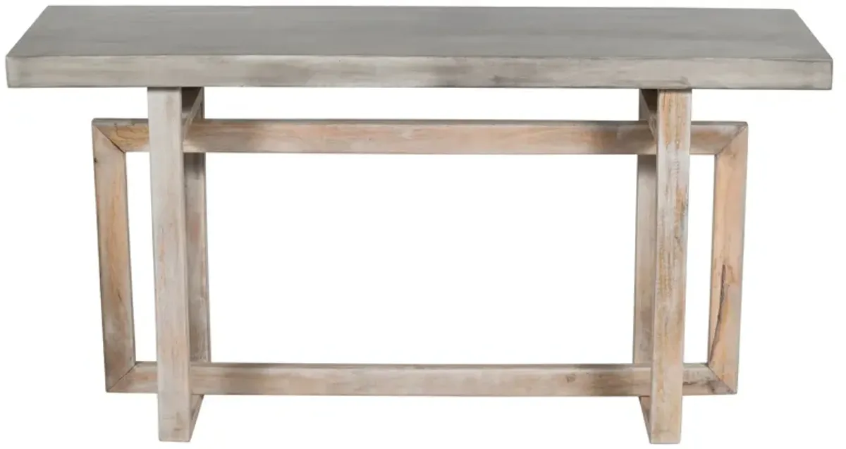 59 Inch Artisan Sideboard Console Table with Geometric Interlocked Base, Distressed Matte Gray-Benzara