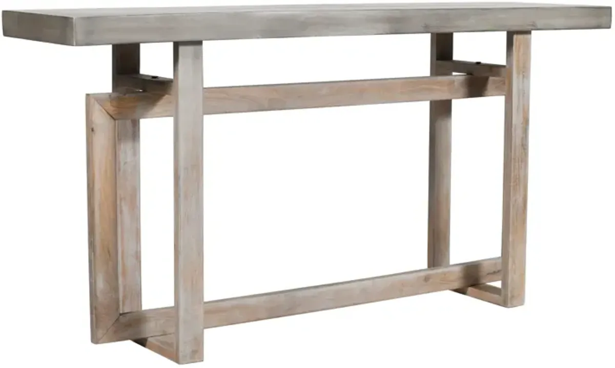 59 Inch Artisan Sideboard Console Table with Geometric Interlocked Base, Distressed Matte Gray-Benzara