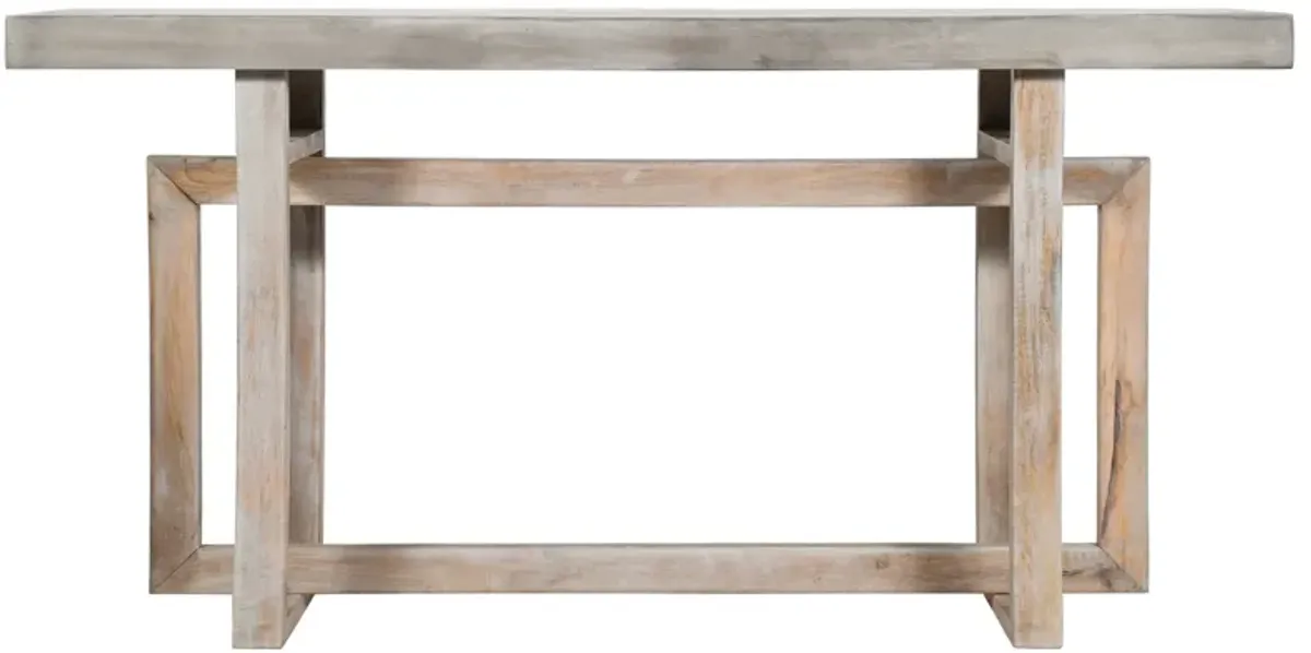 59 Inch Artisan Sideboard Console Table with Geometric Interlocked Base, Distressed Matte Gray-Benzara