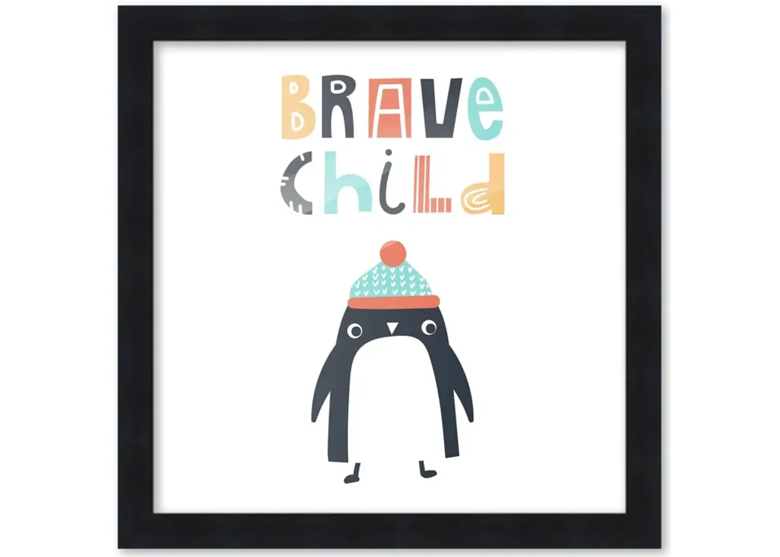 10x10 Framed Nursery Wall Art Brave Child Penguin Poster In Black Wood Frame For Kid Bedroom or Playroom