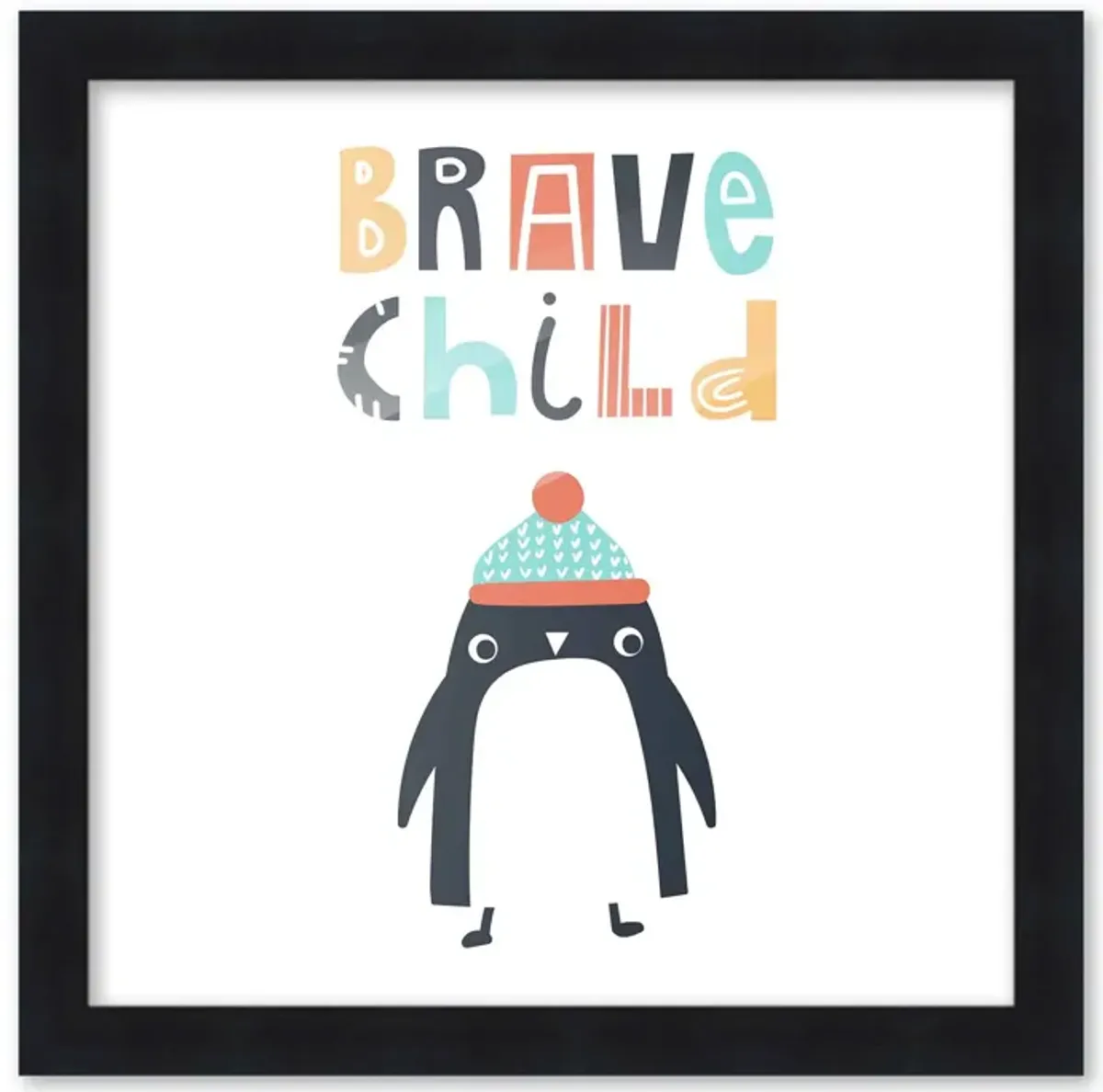 10x10 Framed Nursery Wall Art Brave Child Penguin Poster In Black Wood Frame For Kid Bedroom or Playroom