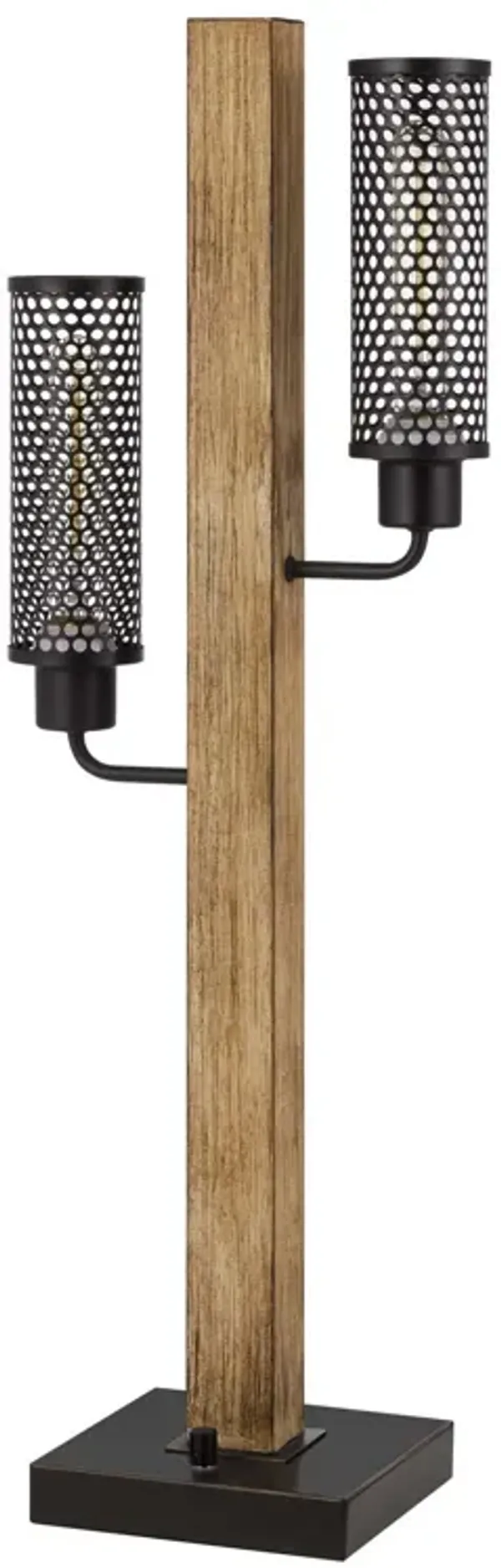 Wooden Table Lamp with 2 Metal Mesh Shades, Brown and Black - Benzara