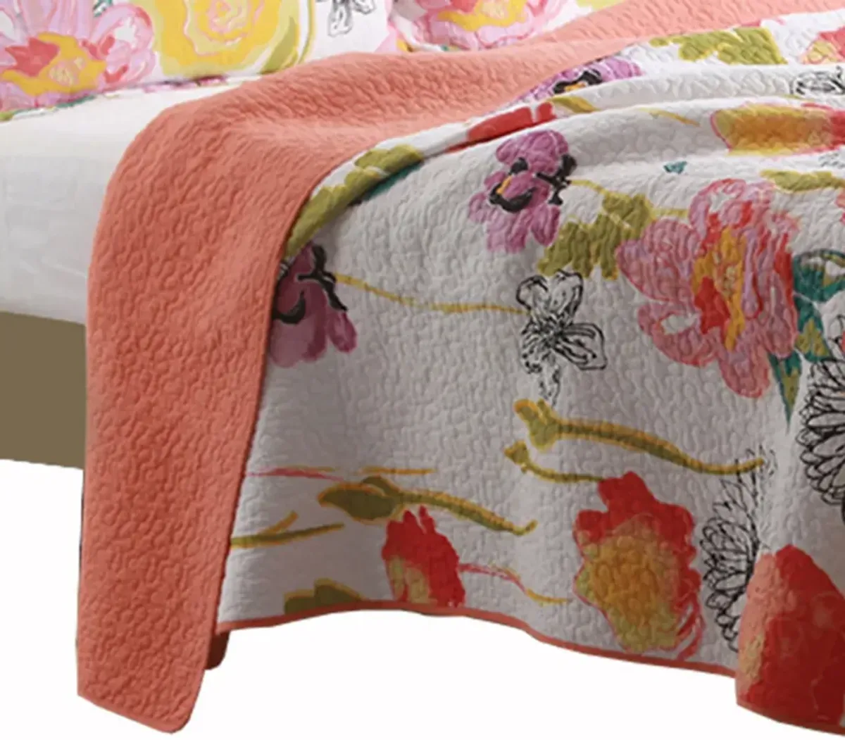 3 Piece Cotton Full Size Quilt Set with Stencil Flower Print, Multicolor - Benzara