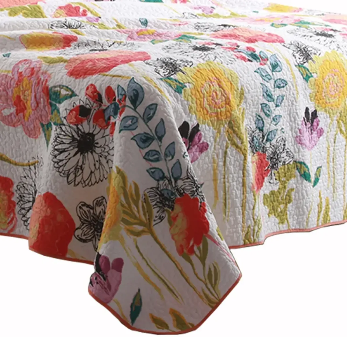 3 Piece Cotton Full Size Quilt Set with Stencil Flower Print, Multicolor - Benzara