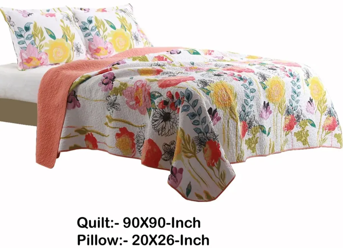 3 Piece Cotton Full Size Quilt Set with Stencil Flower Print, Multicolor - Benzara