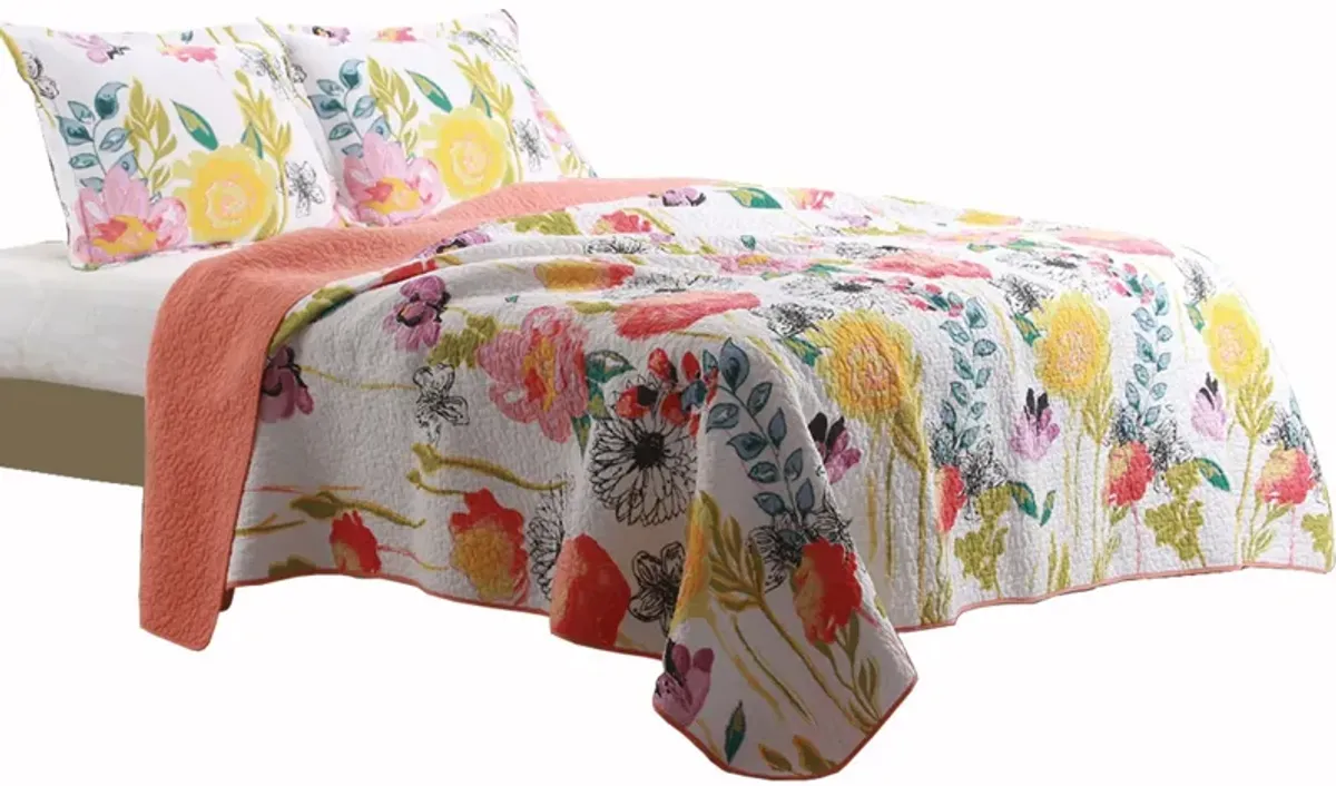 3 Piece Cotton Full Size Quilt Set with Stencil Flower Print, Multicolor - Benzara