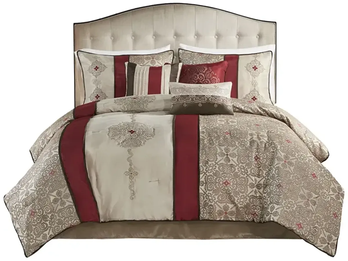 Gracie Mills Kurtis 7-Piece Red Jacquard Comforter Set with Designer Throw Pillows