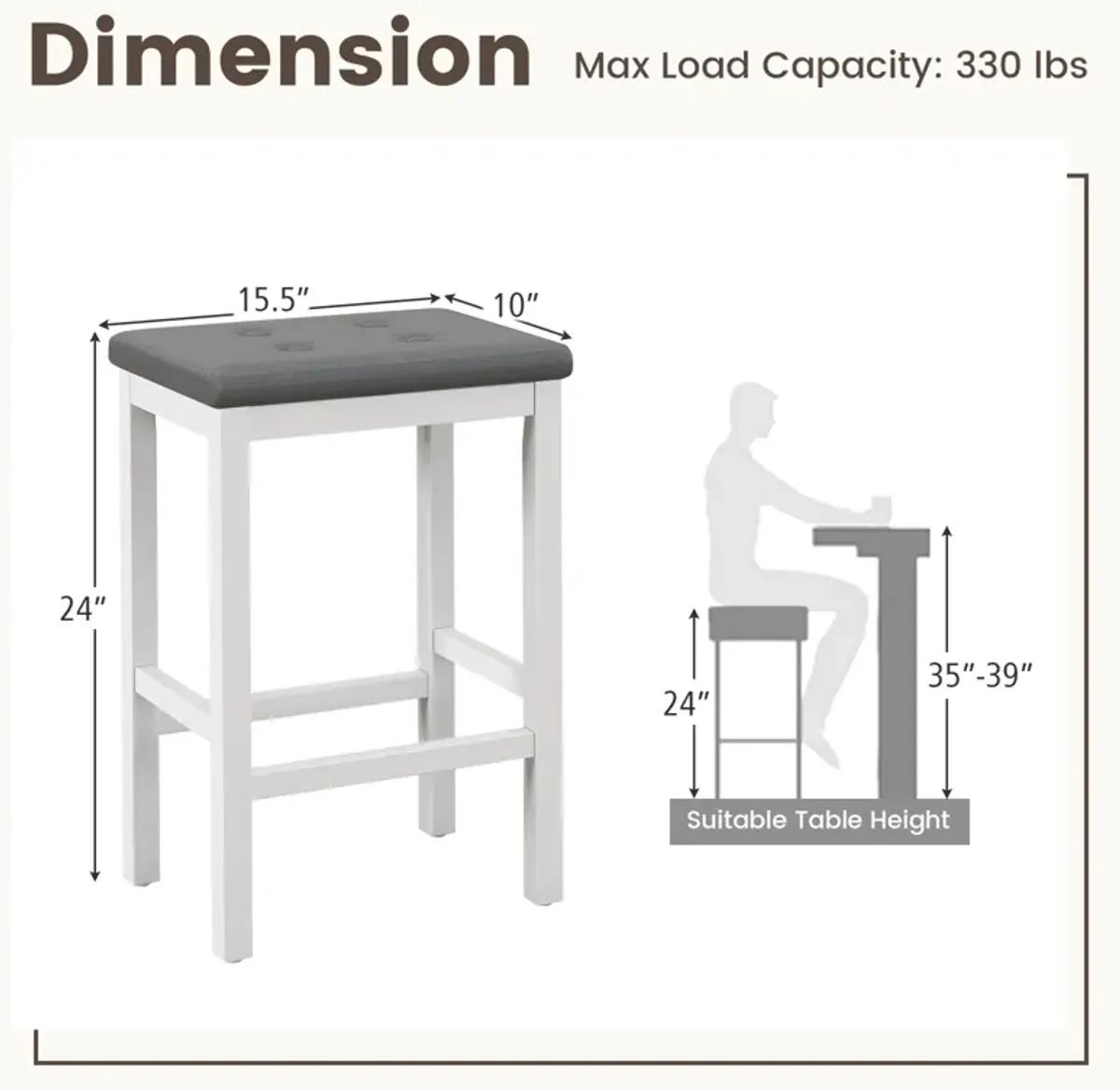 24" Bar Stools with Padded Seat Footrest and Rubber Wood Frame