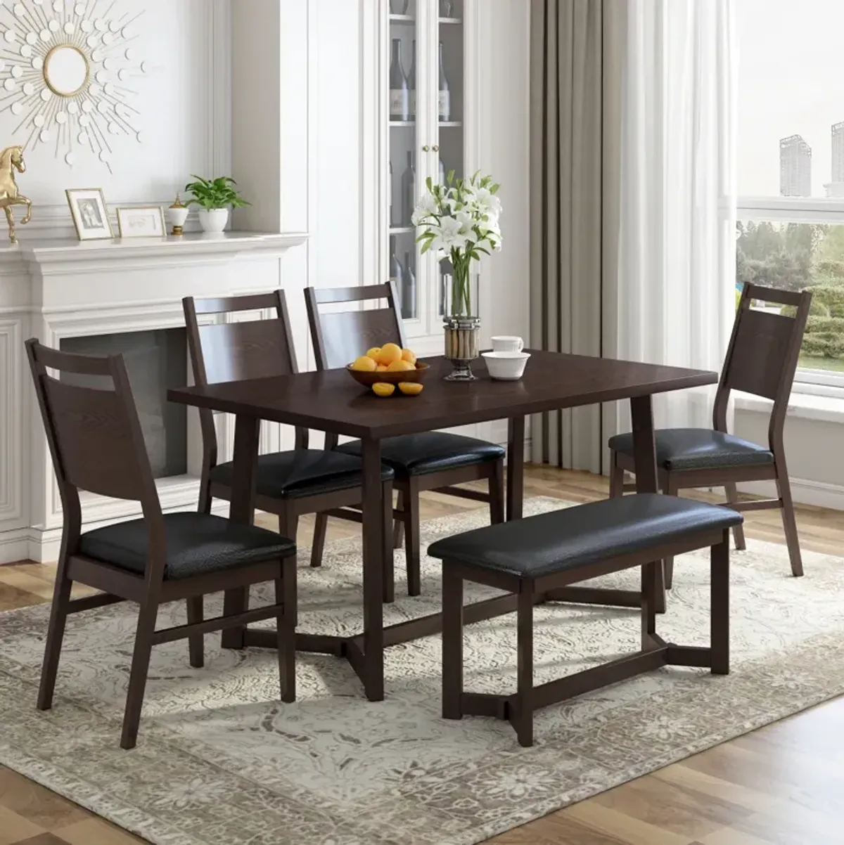 Farmhouse 6-Piece Wood Dining Table Set With 4 Upholstered Chairs And Bench