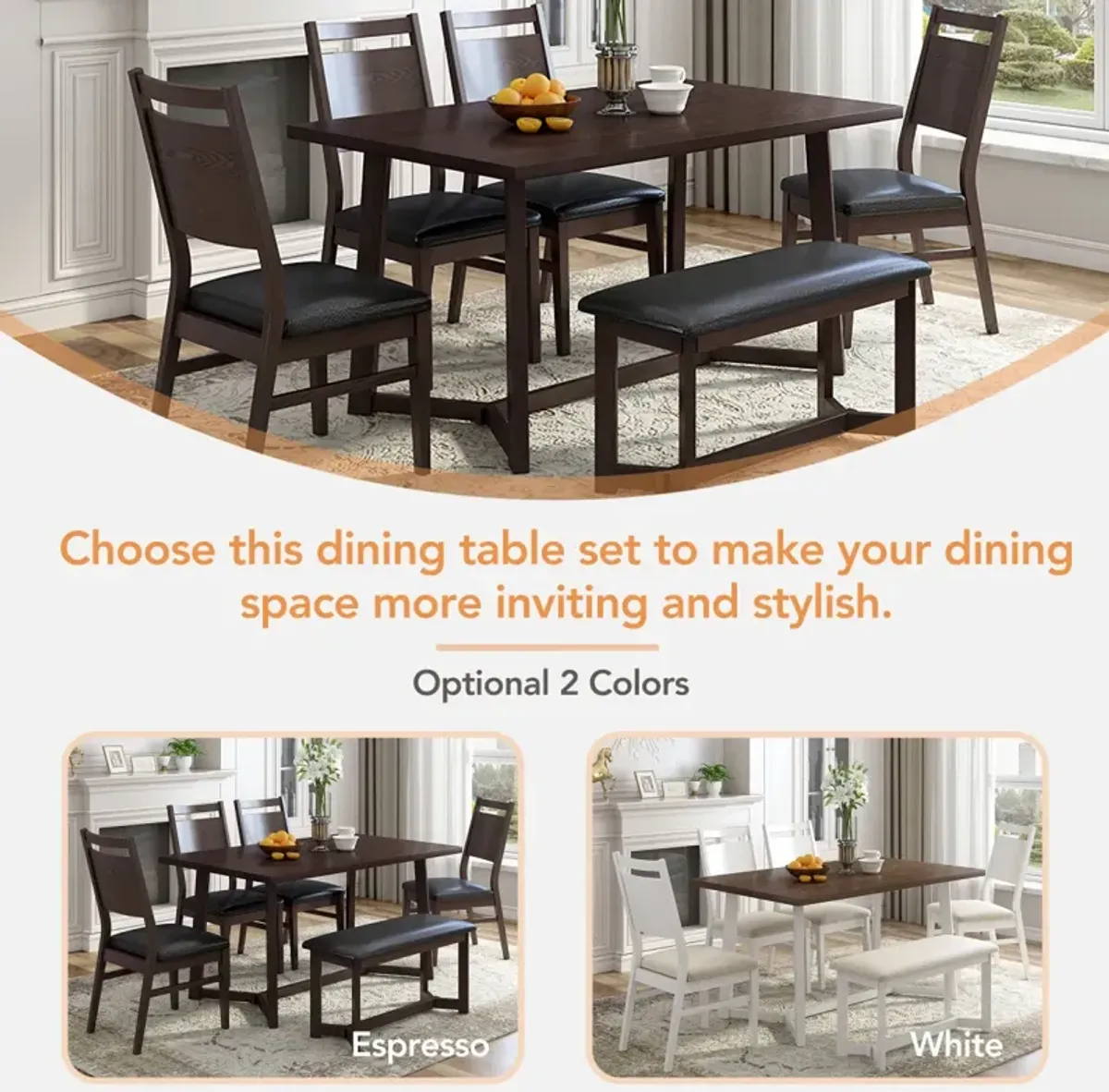 Farmhouse 6-Piece Wood Dining Table Set With 4 Upholstered Chairs And Bench