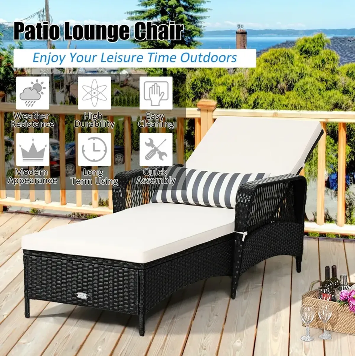 PE Rattan Chaise Lounge Chair Arm Chair Recliner Adjustable with Pillow