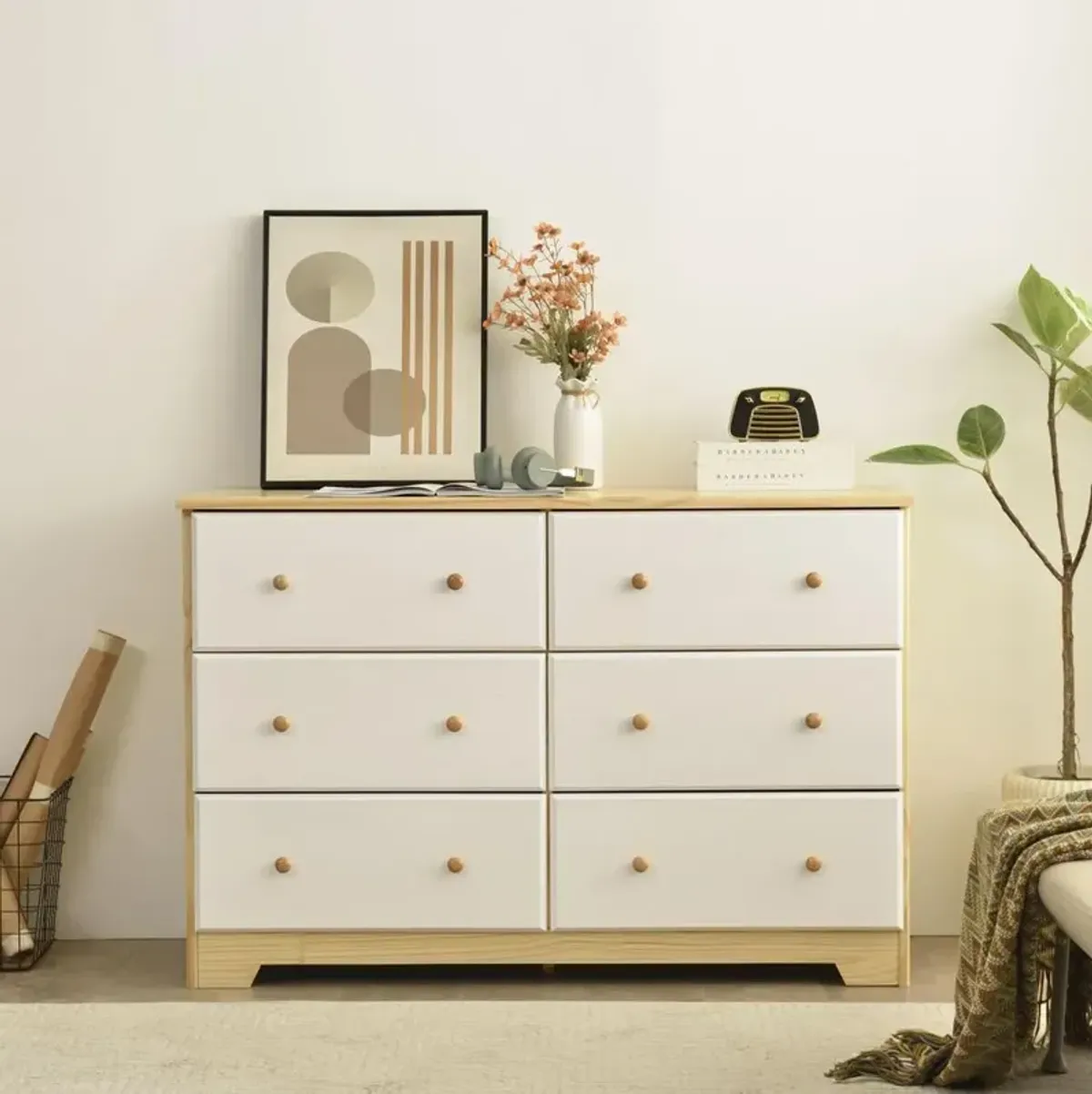 Better Home Products Solid Pine Wood 6 Drawer Double Dresser in Natural & White.