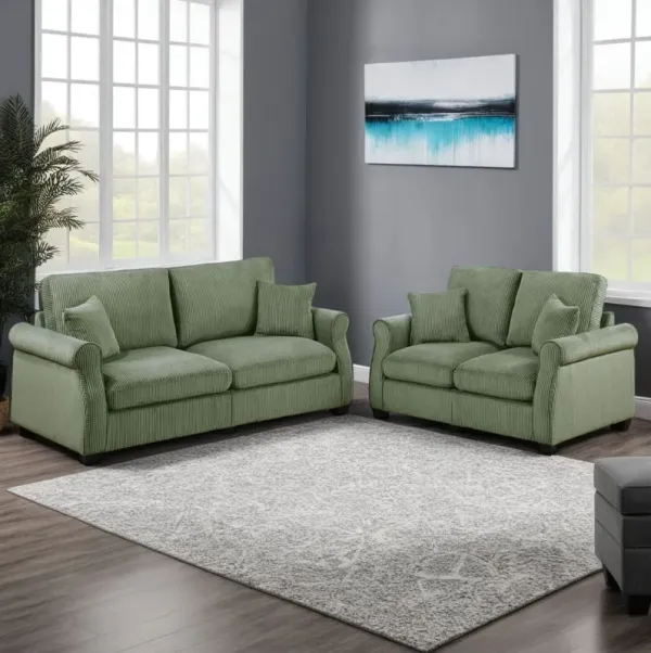 Jesica 2pc Loveseat n Sofa Set, 2 Pillows, Sage Green Corduroy Fabric - Benzara