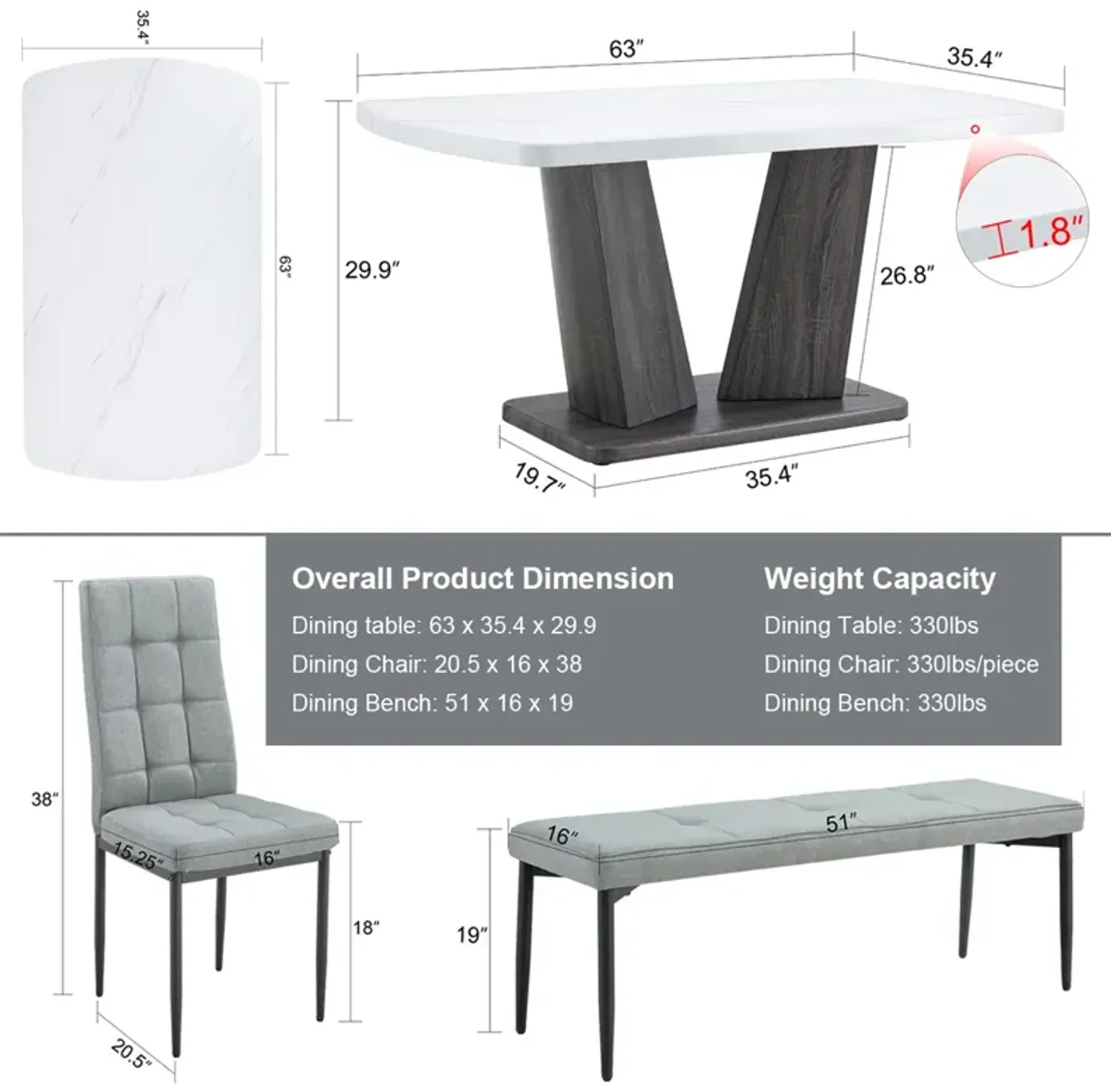 Merax 6-piece Dining Table with 4 Chairs and 1 Bench