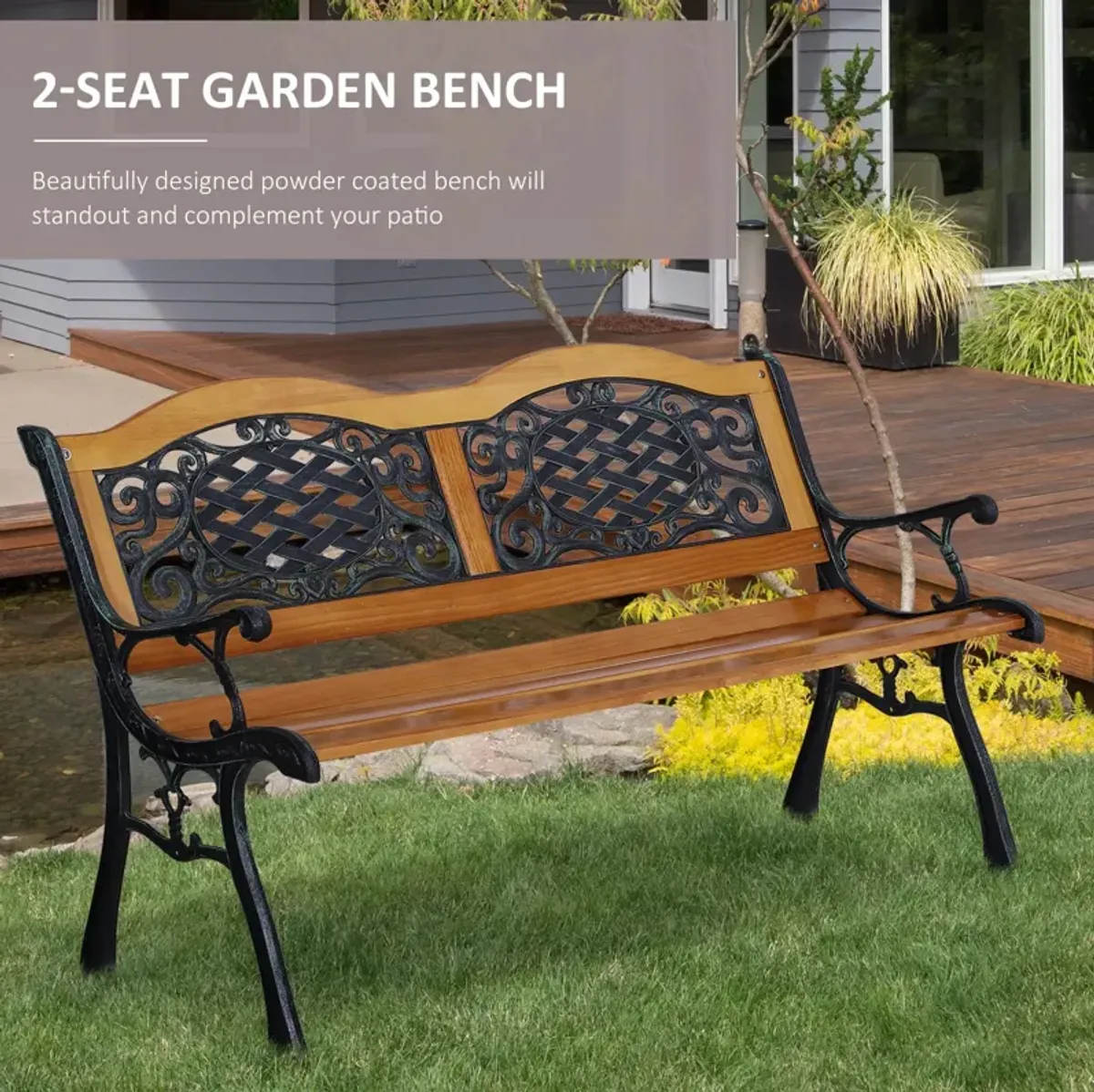 Rustic Outdoor Seating: 50" Teak Wood Slat Bench with Tilted Back