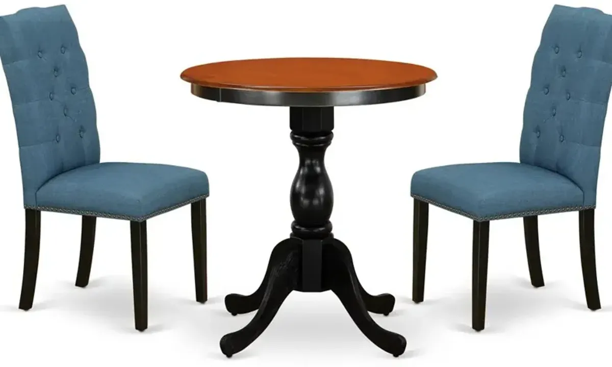 East West Furniture 3-Piece Dining Room Set Include a Round Table and 2 Blue Linen Fabric Parson Chairs with Button Tufted Back - Black Finish