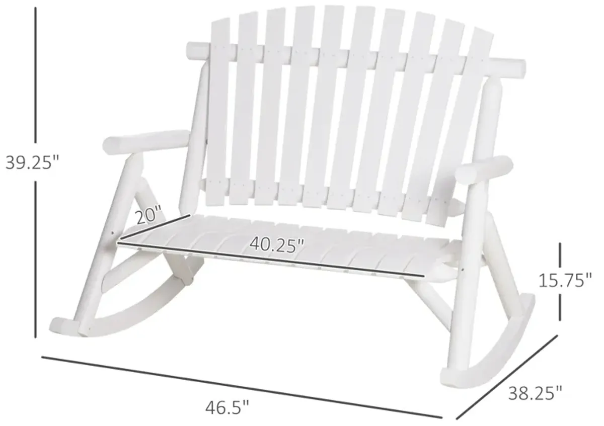 White Garden Duo: 2-Person Wooden Rocking Bench with Slatted Design