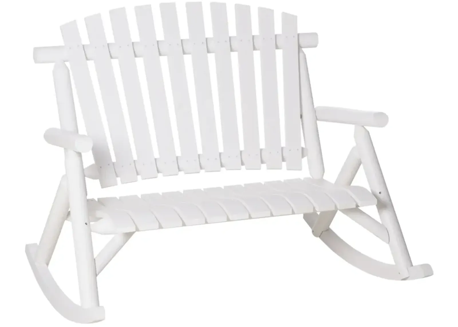 White Garden Duo: 2-Person Wooden Rocking Bench with Slatted Design