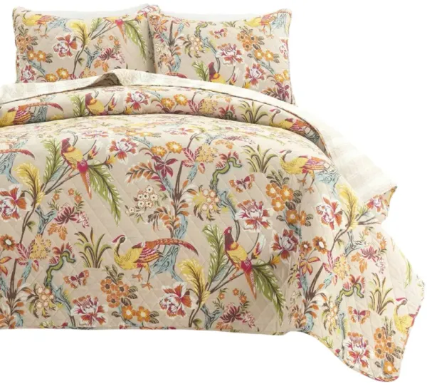 3-Piece Polyester Quilt Set with Peacocks Design for Soft Comfortable Bedding