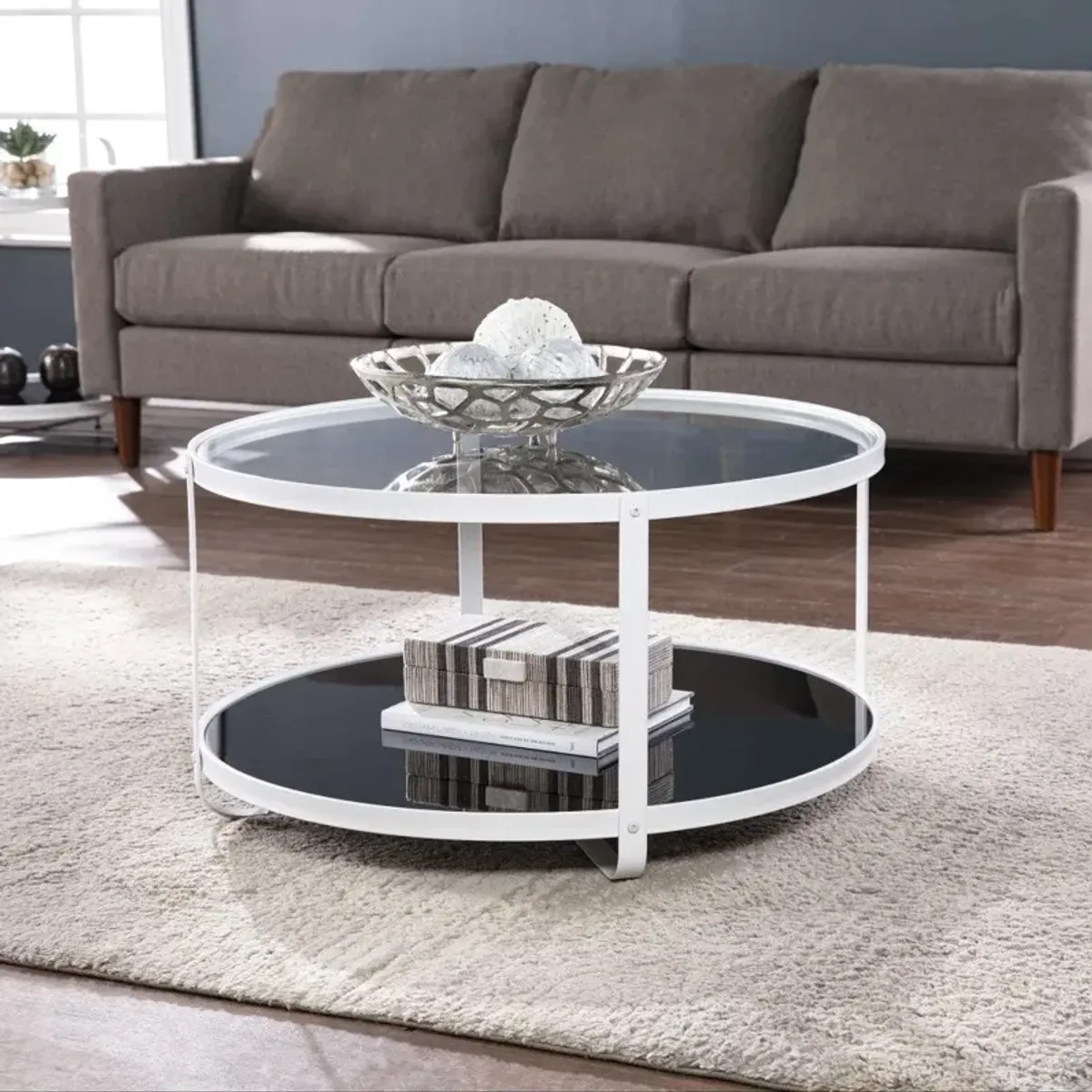 Hivvago 32" White Glass And Metal Two Tier Round Coffee Table