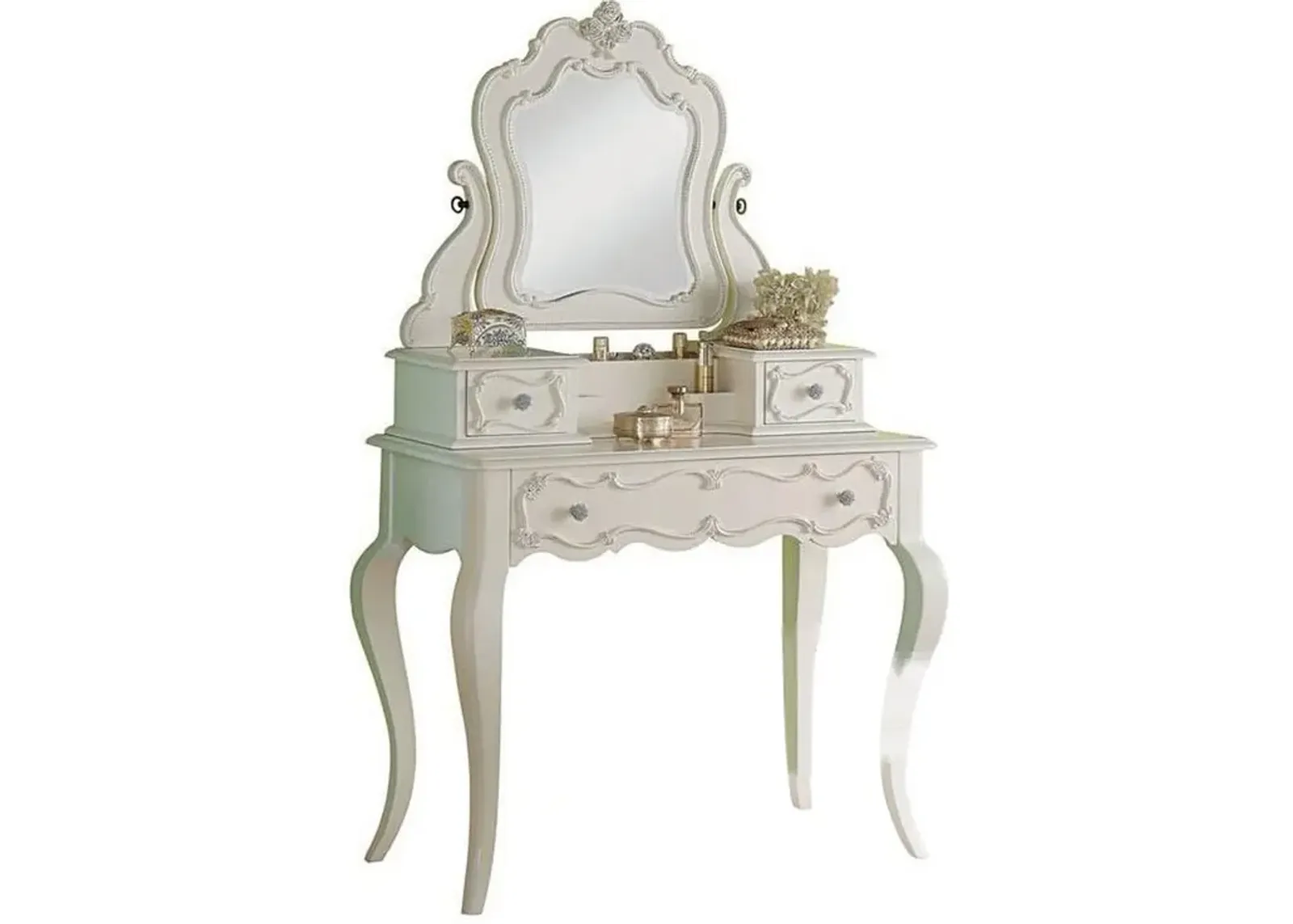 63 Inch Wood Classic Vanity Desk with Mirror, 3 Drawers, Carved, White - Benzara