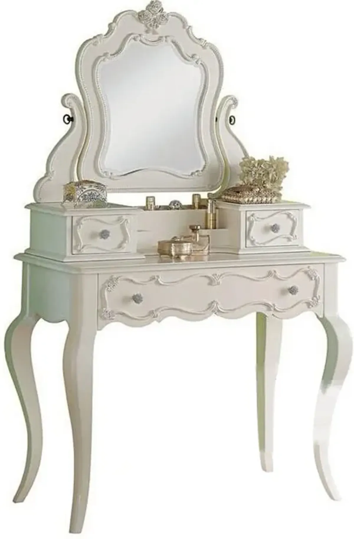 63 Inch Wood Classic Vanity Desk with Mirror, 3 Drawers, Carved, White - Benzara