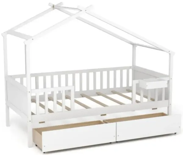Hivvago Twin House Bed with 2 Storage Drawers and Roof & Fence Rails