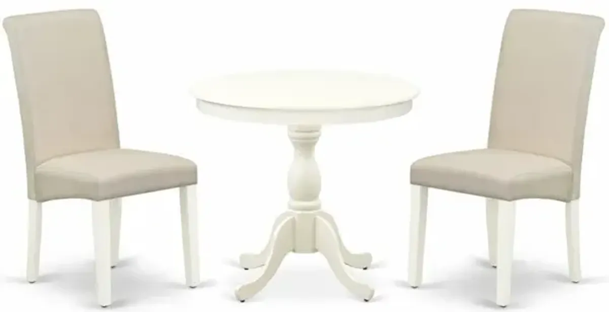East West Furniture 3 Piece Dining Room Set Includes 1 Pedestal Table and 2 Cream Linen Fabric Kitchen Chairs with High Back - Linen White Finish